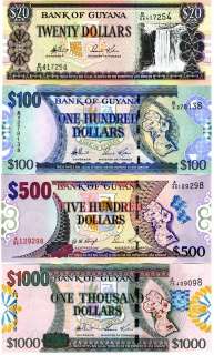 Guyana, Complete Set, 20; 100; 500; 1000 dollars, UNC  