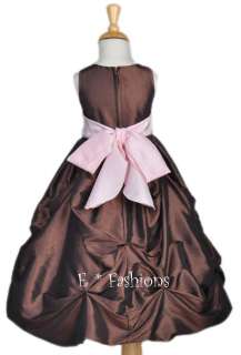 BROWN / PINK TAFFETA FLOWER GIRL DRESS SM L 2 4 6 8 10  