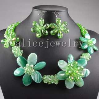 Green Onyx Agate & Quartz Flower Necklace Set 20 GN199  
