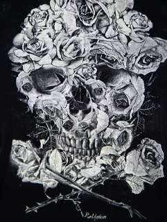 RELIGION Floral Skull Roses Print T Shirt   Black  