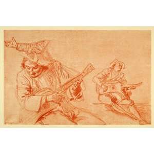 1895 Print Jean Antoine Watteau Figure Sketch Art Renaissance Guitar 