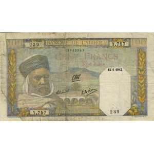  Algerian Collectible Bank Note 100 Francs P85 Issued 1942 