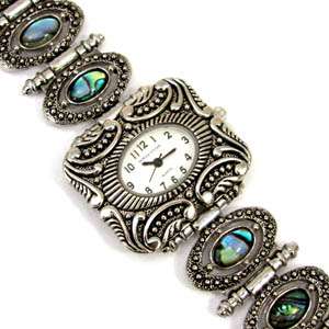 SILVER BLACK Abalone Ladies Bracelet Jewelry WATCH  