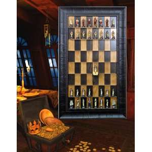   pieces on vertical wall hung Black Cherry Straight Up Chess board with