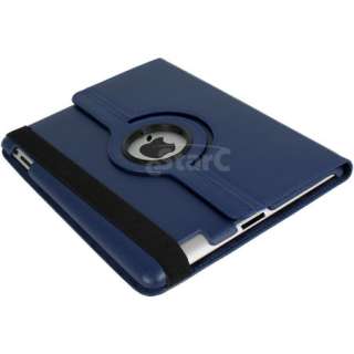 Dark Blue iPad 2 Magnetic Smart Cover Leather Case Rotating 360 Stand 