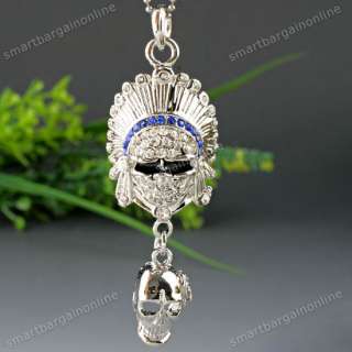 Crystal Silver Plated Indian Mask Dangle Skull Pendant  