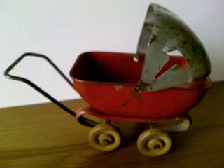 Adorable circa 1930s Metal Toy Baby Carriage w/ Wooden Wheels Made in 