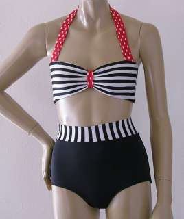 Black and White Stripe Retro Bandeau and High Waist Bottom Bikini S.M 