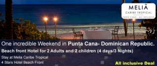 Dominican Republic Punta Cana 4/3 nights Beach front Vacations for 2 