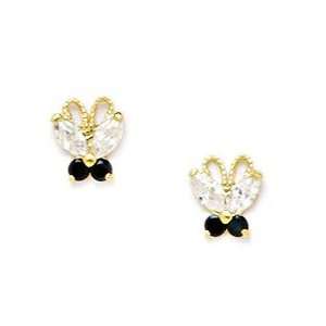  14k Yellow Gold Black and White CZ Butterfly Screwback 