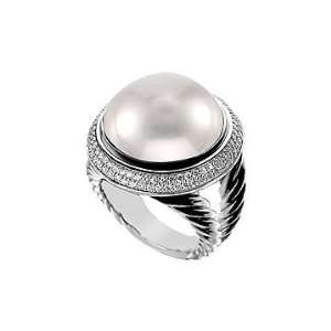 Cultured Silver Mabe Pearl and Diamond Rope Ring  14K White Gold   1 