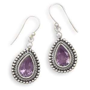  Oxidized Bead Design French Wire Earrings with Amethyst 