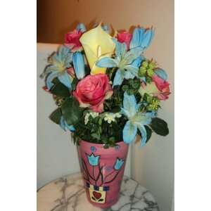 Blush Confetti Rose & Aqua Marine Lily & Yellow Calla Lily Silk Floral 