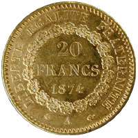1877 GOLD COIN FRENCH 20 FRANCS LUCKY ANGEL NR   