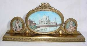 FINE ANTIQUE MINIATURE ANGLO INDIAN PAINTINGS TRYPTIC BRONZE FRAME 