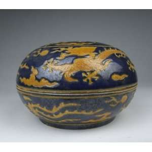  one Blue Yellow Glaze Porcelain Box with dragon pattern 