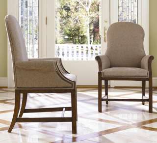 Mahogany Tan Upholstered Dining Arm Chairs (2)  