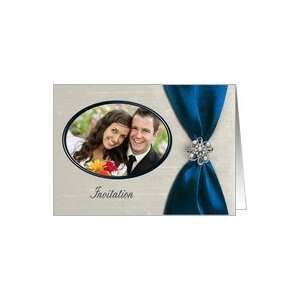 Wedding Photo Card Invitation, Royal Blue Satin Ribbon with Jewel Card