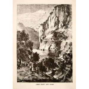  1881 Wood Engraving Axen Cliff Road Switzerland Landscape 
