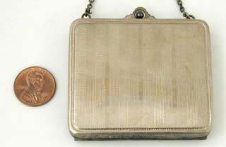 1920s, 30s Guilloche Enamel Silhouette Purse Necessaire w Chain 