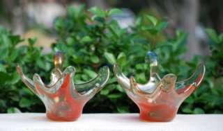 Vintage Pair Handmade Art Glass Swan Bowl Dish Orange Green Sooner 