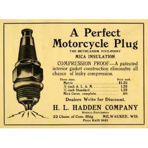  1914 Ad Motorcycle Plug Bethlehem Five Point H L Hadden 