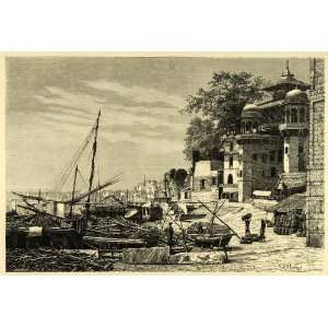  1878 Wood Engraving Pagoda Benares Varanasi India Boat 