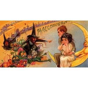  WITCH GIRL FATHER MOON HALLOWEEN VINTAGE POSTER ON CANVAS 