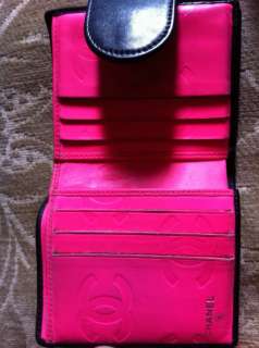 Authentic Chanel Black Cambon CC Lambskin Bi fold Wallet w/ Pink 