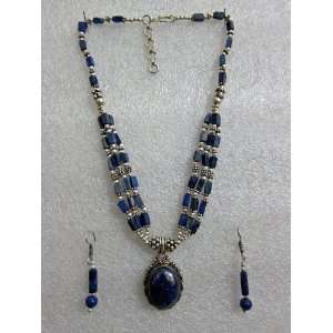 strand Necklace Silver Oxidized Jewelry Lapis Lazuli Gemstone Dangle 