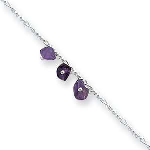   Sterling Silver 10inch Polished Amethyst Beaded Figaro Anklet Jewelry