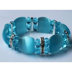  Aqua Blue Cats Eye and Swarovski Bracelet fits 6.5 8 inch 