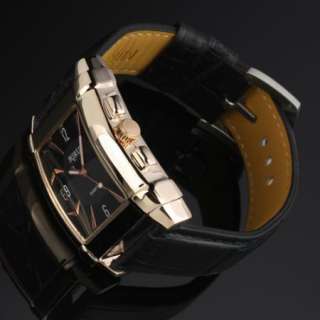New Mens Black Rose Gold Leather Men Quartz Wrist Watch  