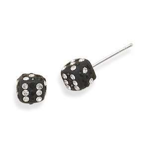 Rolling Dice Stud Post Earrings 6.5mm Black with Clear Crystal 