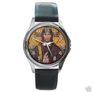 Jesus Christ Round Shaped Leather Band Metal Watch  