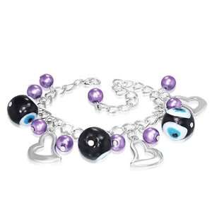   Purple Violet Pearl Evil Eye Love Heart Charm Womens Bracelet Jewelry