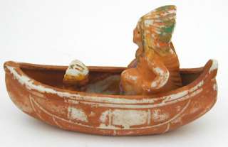 Old Porcelain Figurine Canoe w Indian Chief & Boy Redware Color Glaze 