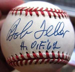 Bob Feller Indians single signed Baseball Ball HOF 62 Inscription PSA 