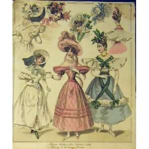 1830 Womens Fashion Morning Evening Dresses Hats Colour  