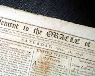 Rare 18th Century PORTSMOUTH NH New Hampshire 1798 Newspaper w 