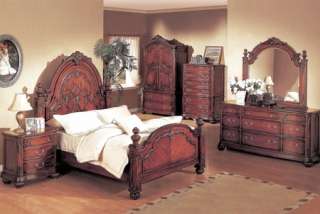   Cherry Wood Panel Queen King Bed 4 Pcs Bedroom Set Furniture  