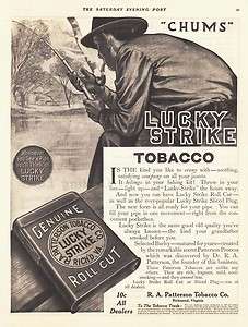 1911 AD Lucky Strike tobacco fishing man  chums advertising  