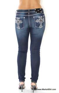 Skinny Miss Me Jeans Crystal Cross Thick Stitch Women Jeggings Navy 