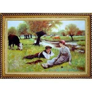  Flirting Oil Painting, with Linen Liner Gold Wood Frame 30 