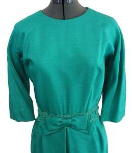Vintage 60s Bright Teal Green Silk Shantung Cocktail Dress Bow M L 29W 