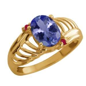  1.20 Ct Oval Blue Tanzanite Red Ruby 14K Yellow Gold Ring 