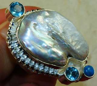 BIWA PEARL BLUE TOPAZ AZURITE .925 Silver Ring sz.8  
