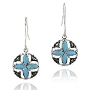 Sterling Silver Created Turquoise & Marcasite Flower Dangle Earrings
