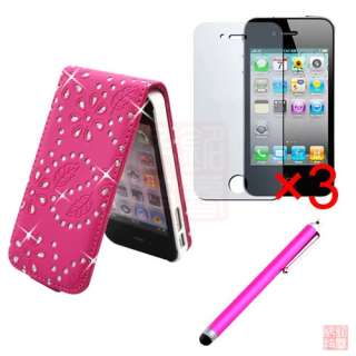  Damind Bling Leather Filp case Cover For iPhone 4S 4G+3xFilm Guard+Pen