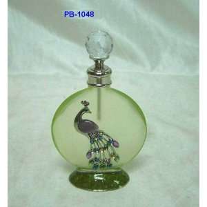   Glass Perfume Bottle Crystal Peacock Applique 4in H